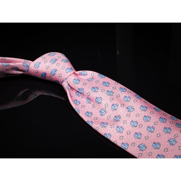 Tommy Hilfiger Tie 100% Silk Pink Blue Fish Motif China - Picture 1 of 5